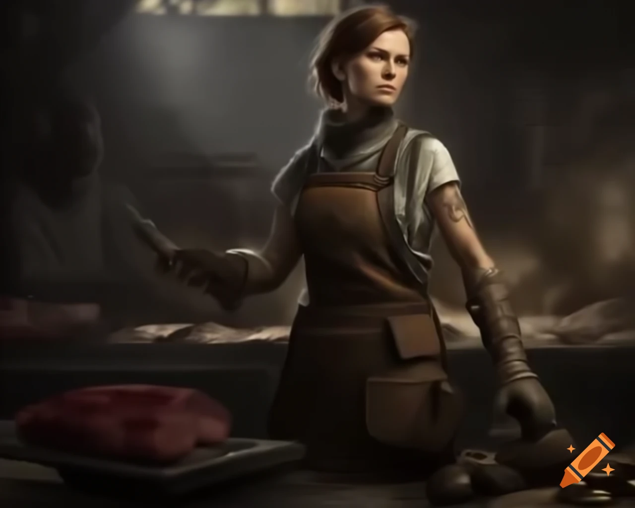 Mature female butcher in post-apocalyptic setting