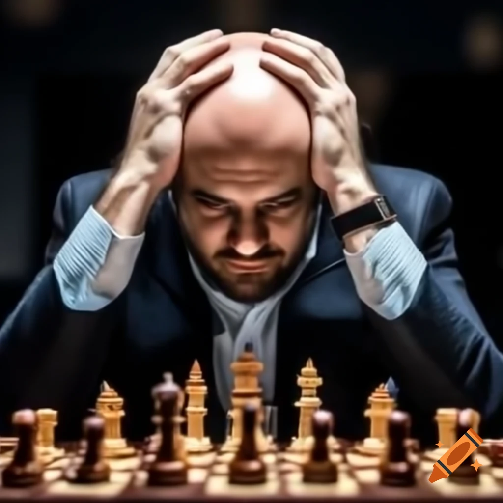 Tired bald chess player deep in thought