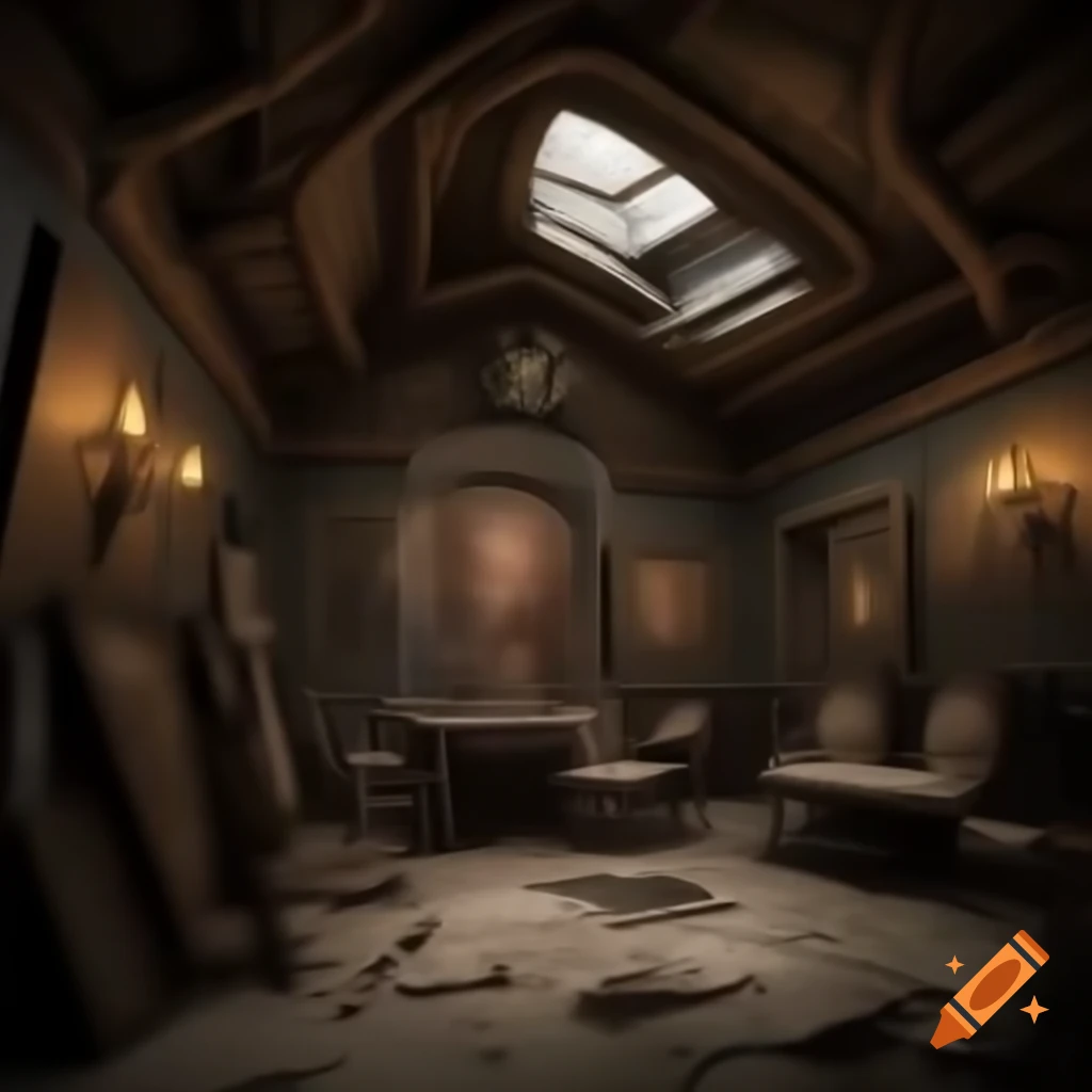 Realistic creepy house interior with demonic drawings on the walls