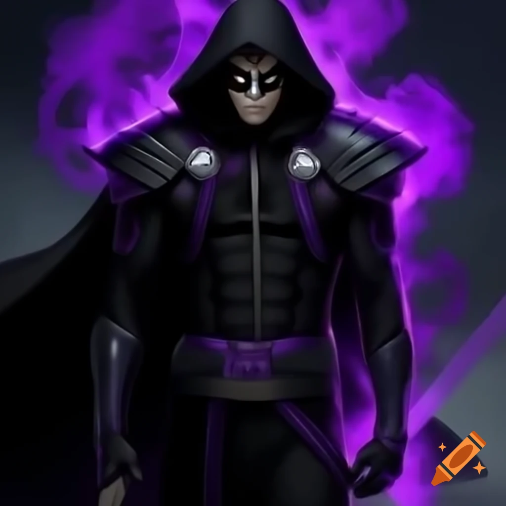 Villain in black and purple attire with shield, sword, mask, cape, and purple aura