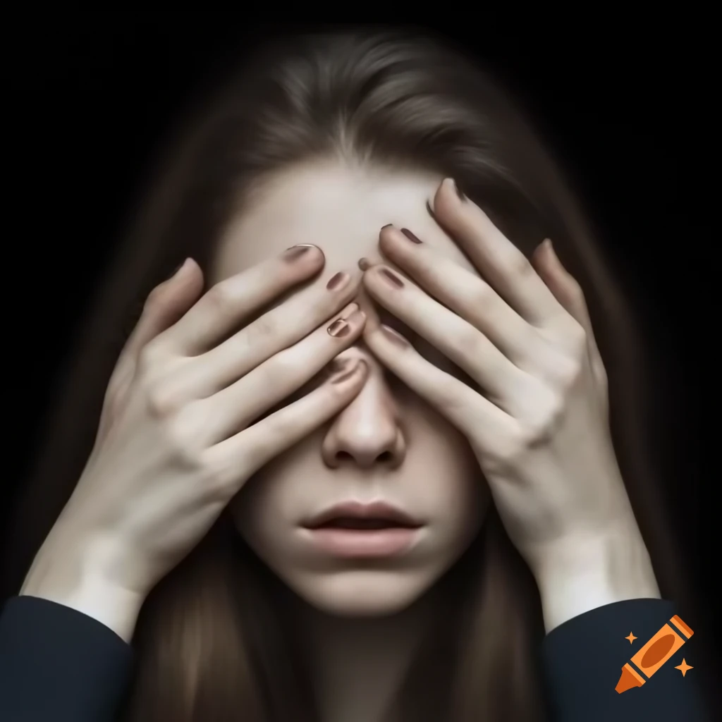 Woman hiding face with hands, detailed representation of hands