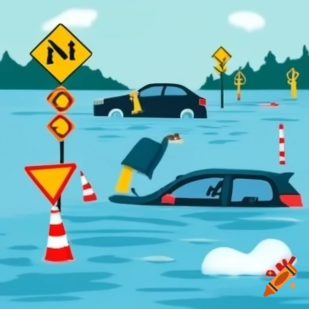 Vehicle stuck in floodwaters with person attempting to free it, damaged traffic signs in background