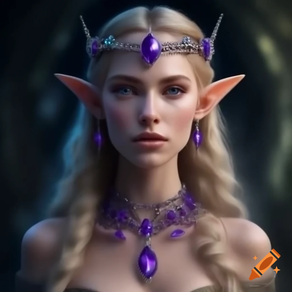 Elven enchantress with circlet and purple jewel necklace adorned with diamonds