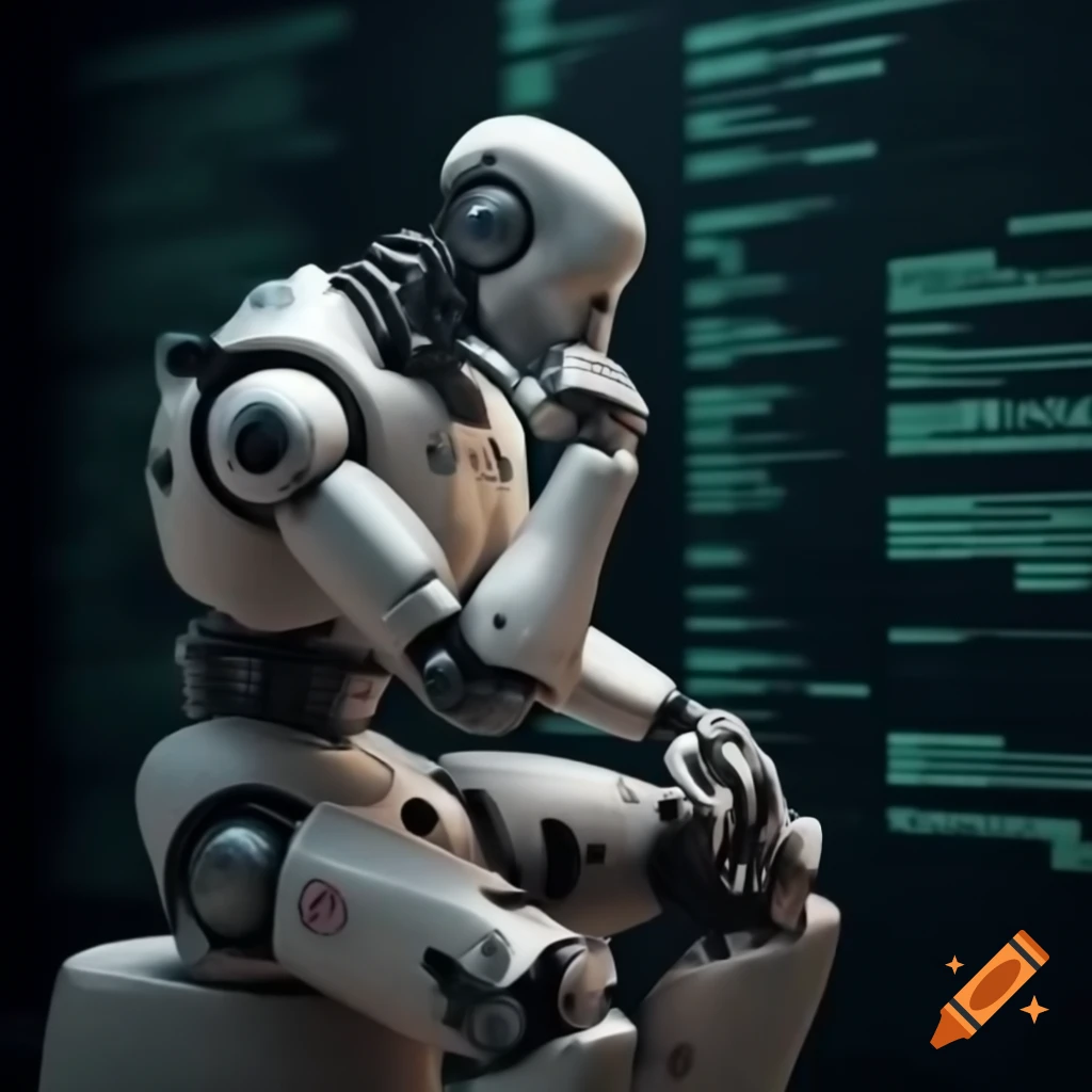 Robot in thinker pose against binary code background