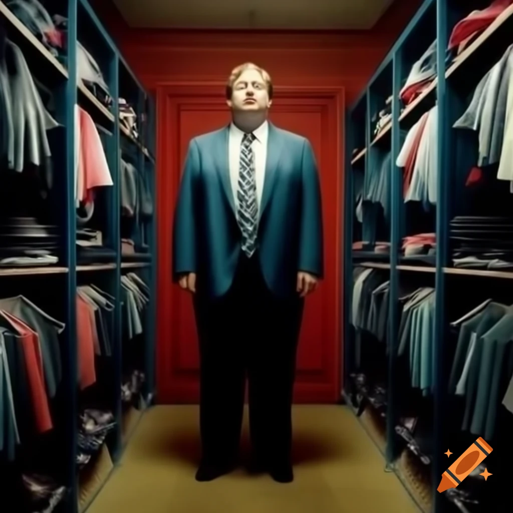 Overweight cranky politician in suit standing in massive closet filled with dress shirts and suit jackets