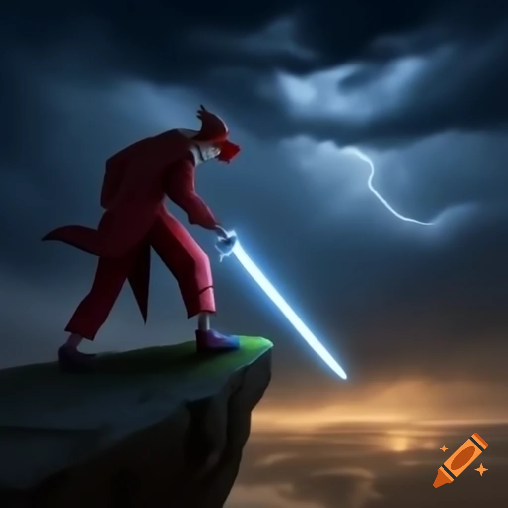 Clowns sword fighting on cliff during lightning storm at night