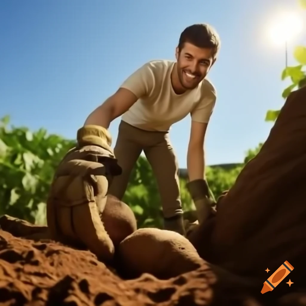 Man digging potatoes in sunny daylight with text above saying 'Jonas'
