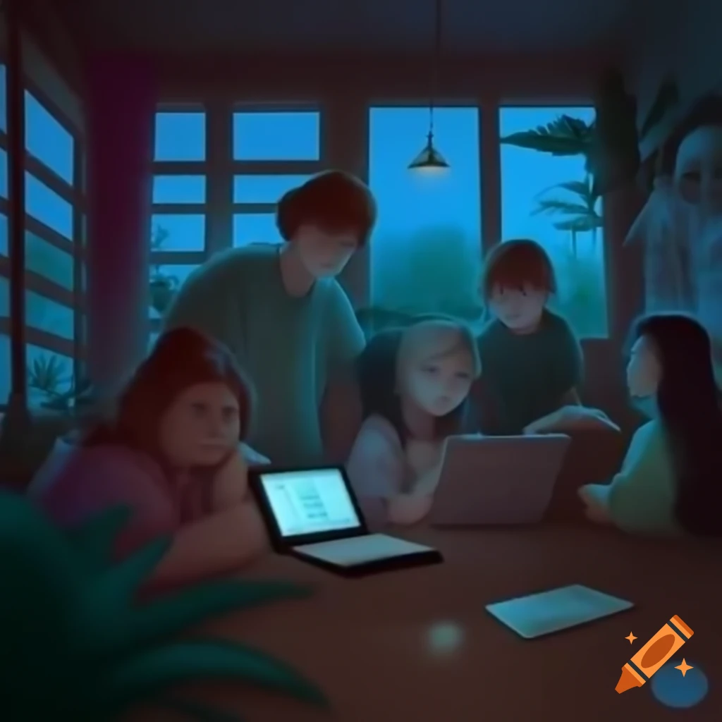 Cozy indoor gathering with friends around table engaging with digital notebook