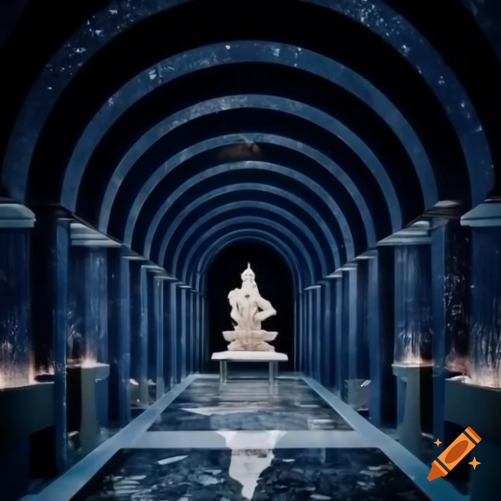 Dark blue marble hall with sloped ceilings and starry sky, featuring a silver deity statue on podium