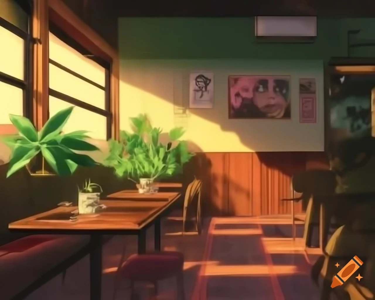 Manga-style illustration of cozy cafe with plants and books in soft earthy colors