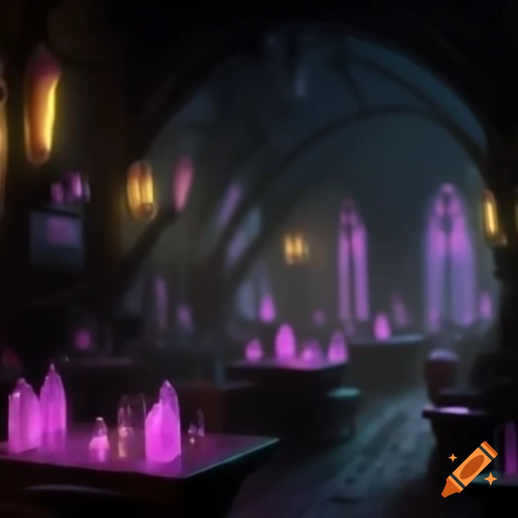 Medieval fantasy tavern interior featuring glowing neon crystals in gothic style
