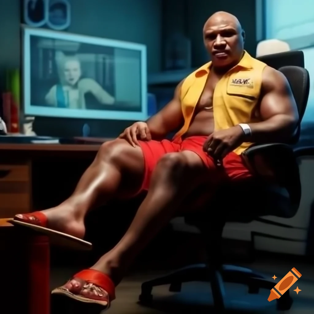 Mike Tyson as lifeguard in office with flip flops and computer