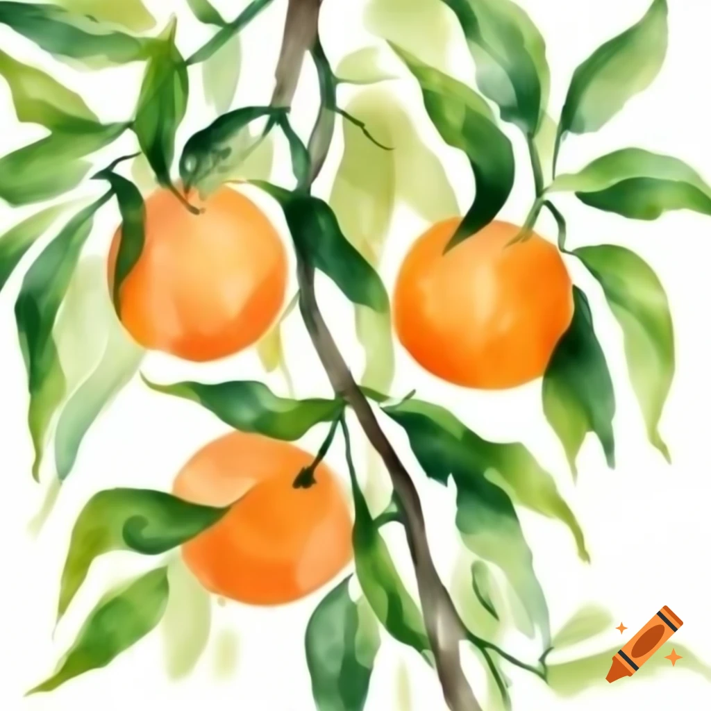 Watercolor illustration of tangerine tree with lush leaves and ripe fruit