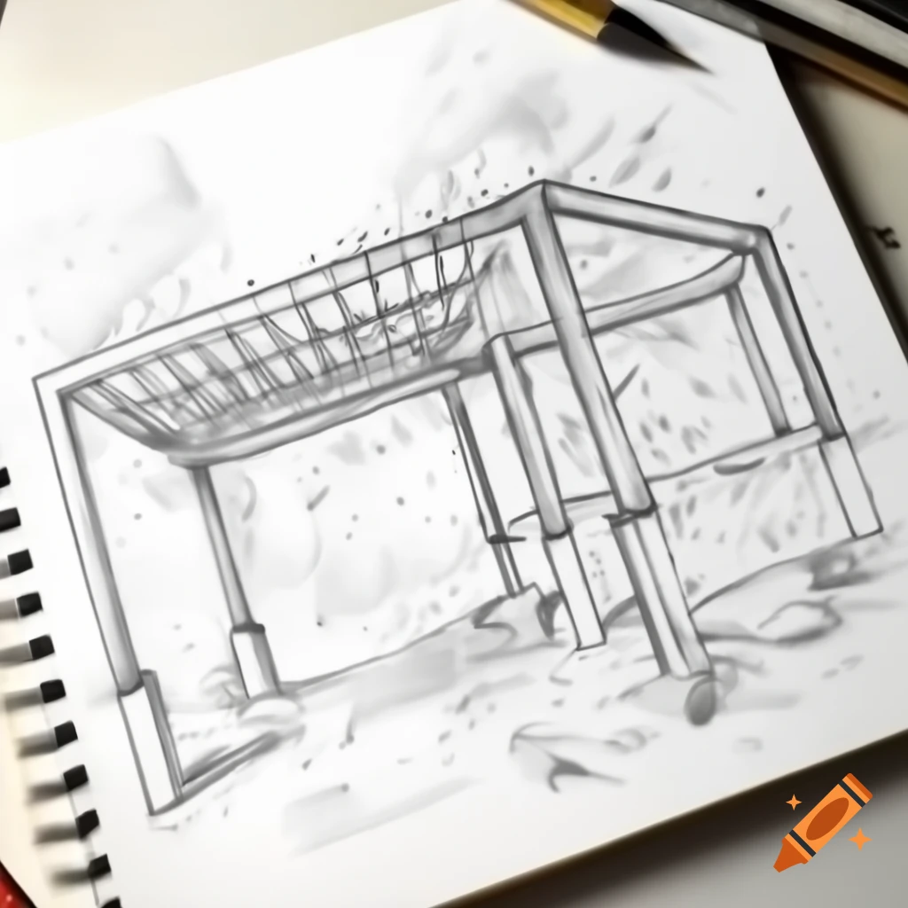 Architect's rough sketch of modern metal pergola in doodle style