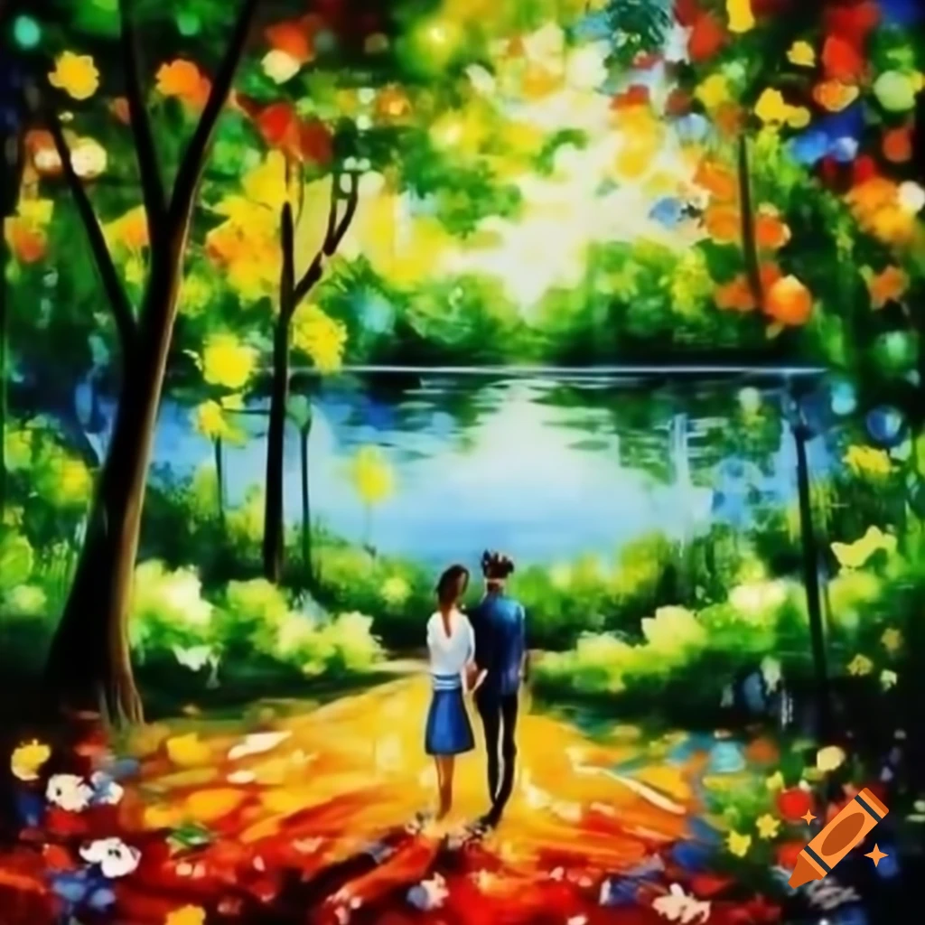Couple standing by lake in a park, in the style of Leonid Afremov