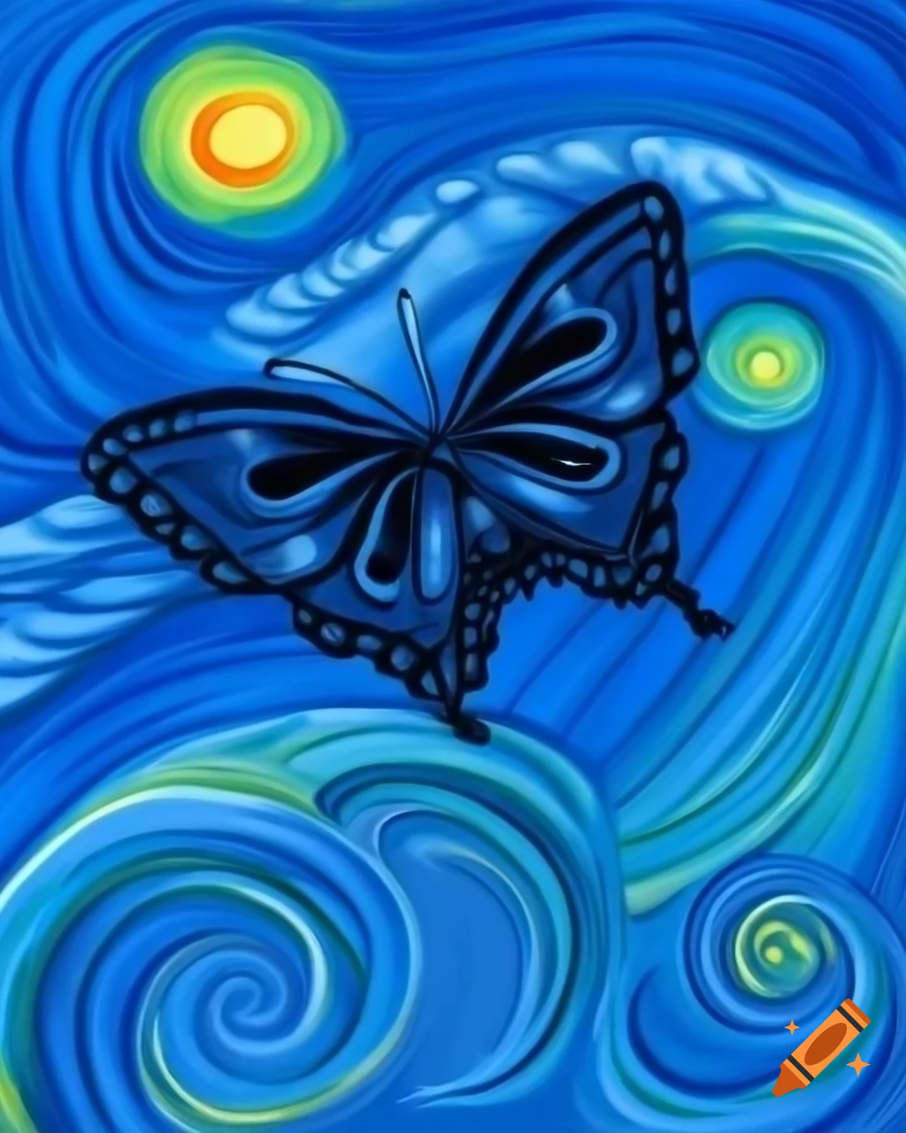 Deep blue mythical butterfly flapping wings in impressionist style
