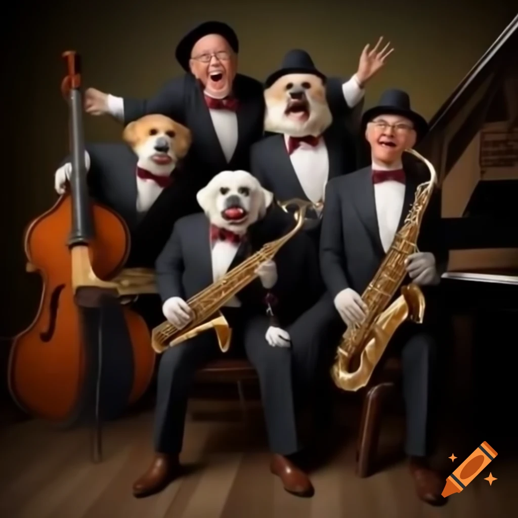 Dapper dogs in zoot suits playing instruments at a vibrant birthday party