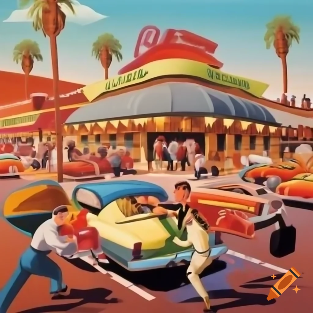 1950s carhop scene with colorful convertibles and mid-century Americana charm
