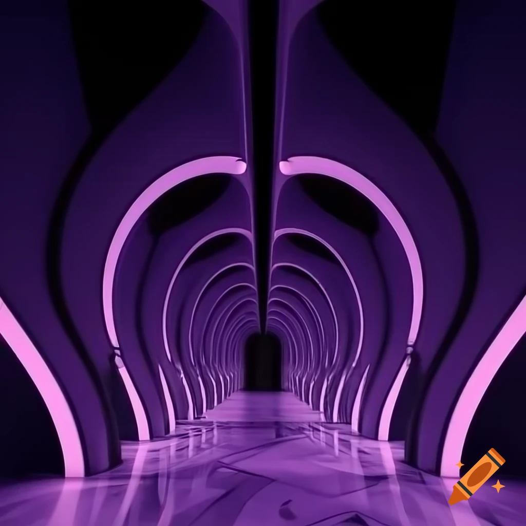 Violet marble hallways with sloped ceilings and glittering columns
