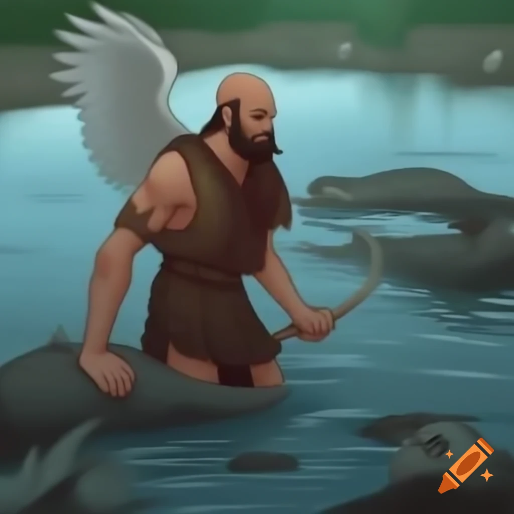 Greek hero in struggle, wings wrapped, falling into river