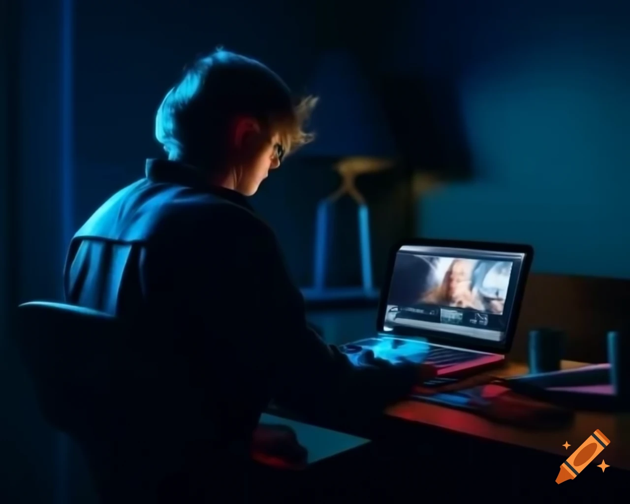 Person with modern mullet editing video in dark room with blue light from MacBook