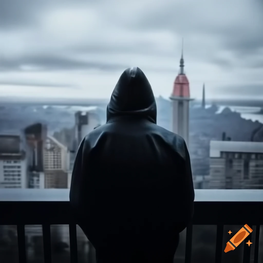 Person in hoodie on tall tower overlooking city in rain
