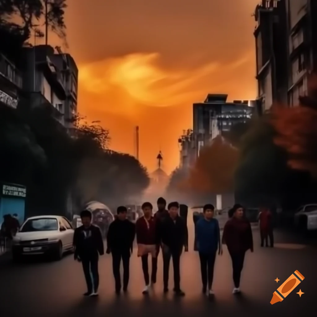 Friends walking in Delhi during autumn evening with sunset and Feroz Shah Kotla Fort