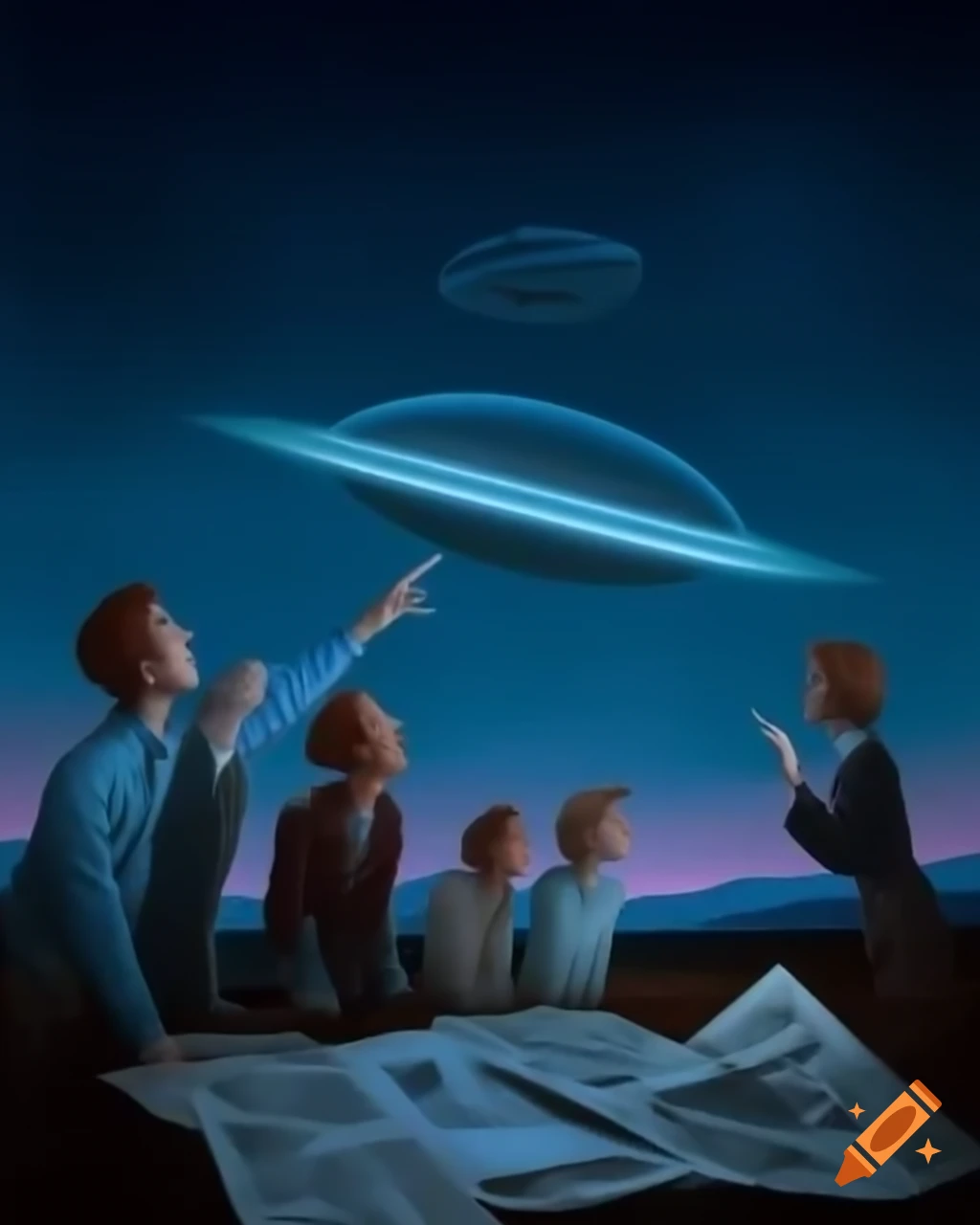 Group of people stargazing with UFO silhouette and newspaper headlines about sightings