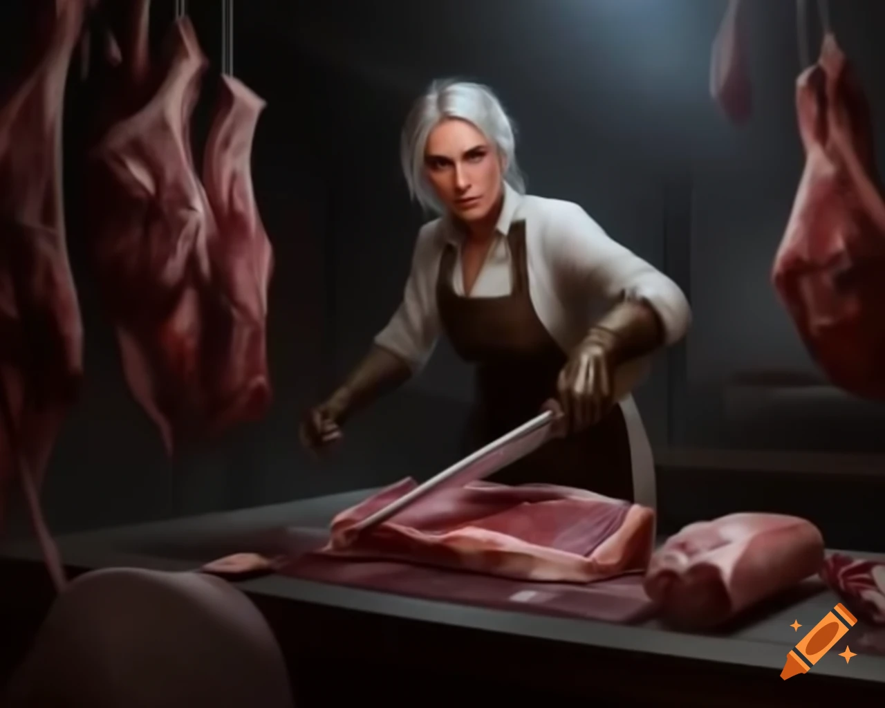 Mature female butcher in a post-apocalyptic slaughterhouse setting