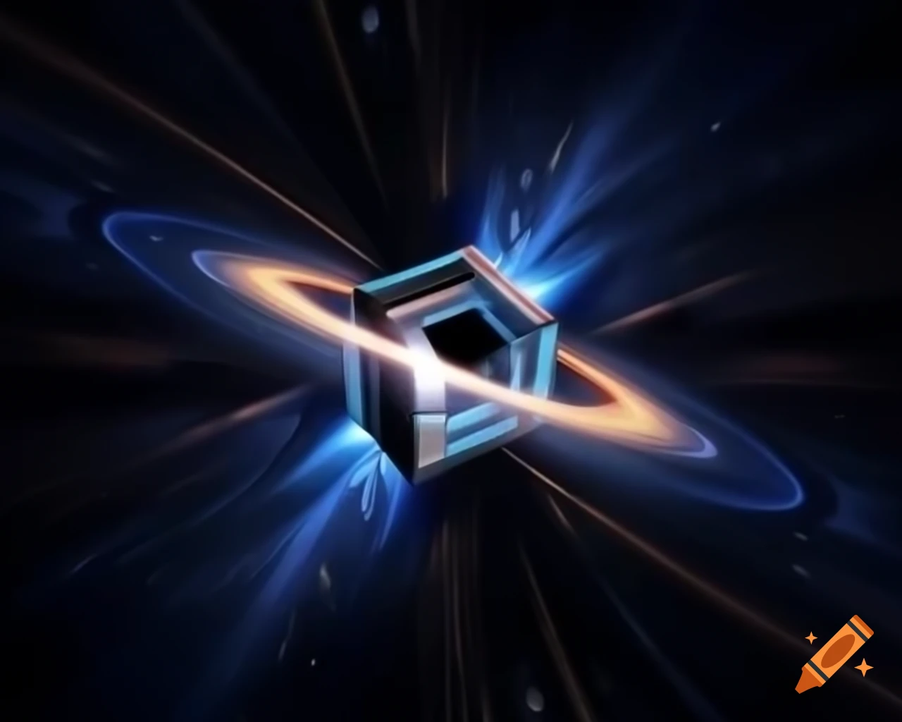 Artistic rendering of a Rubik's cube emerging from a black hole in star-filled space