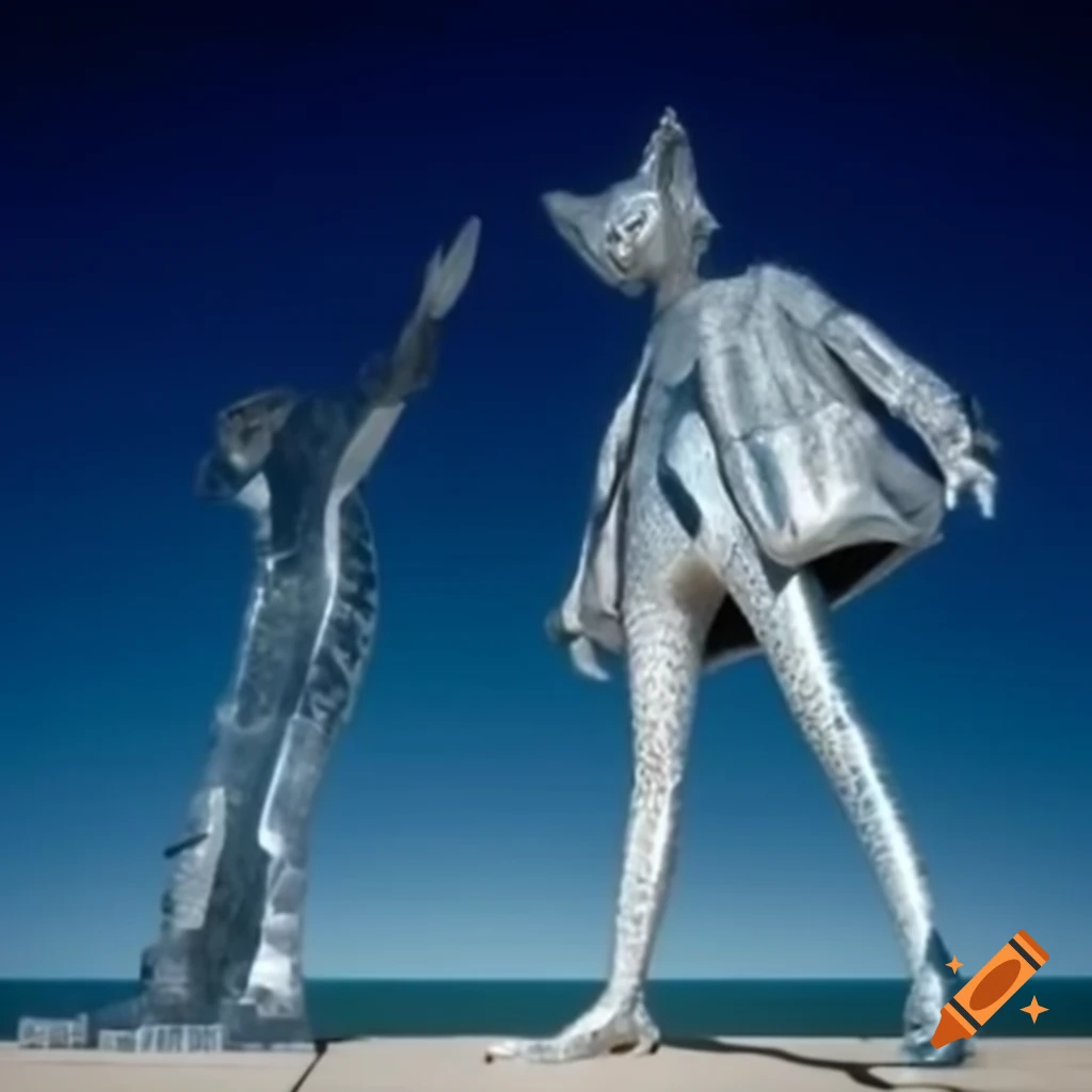 Pop surreal photography featuring anime-inspired silver statue