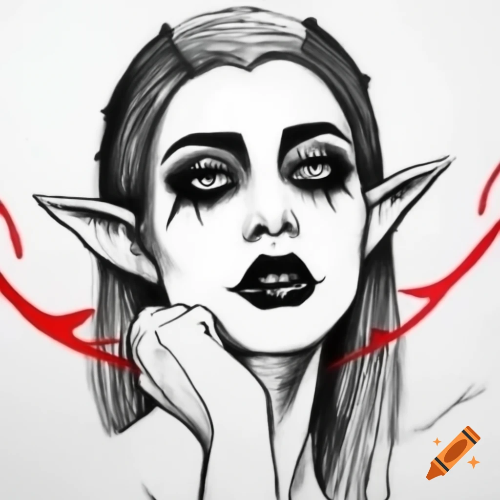 Line art of female elf holding mask on craiyon