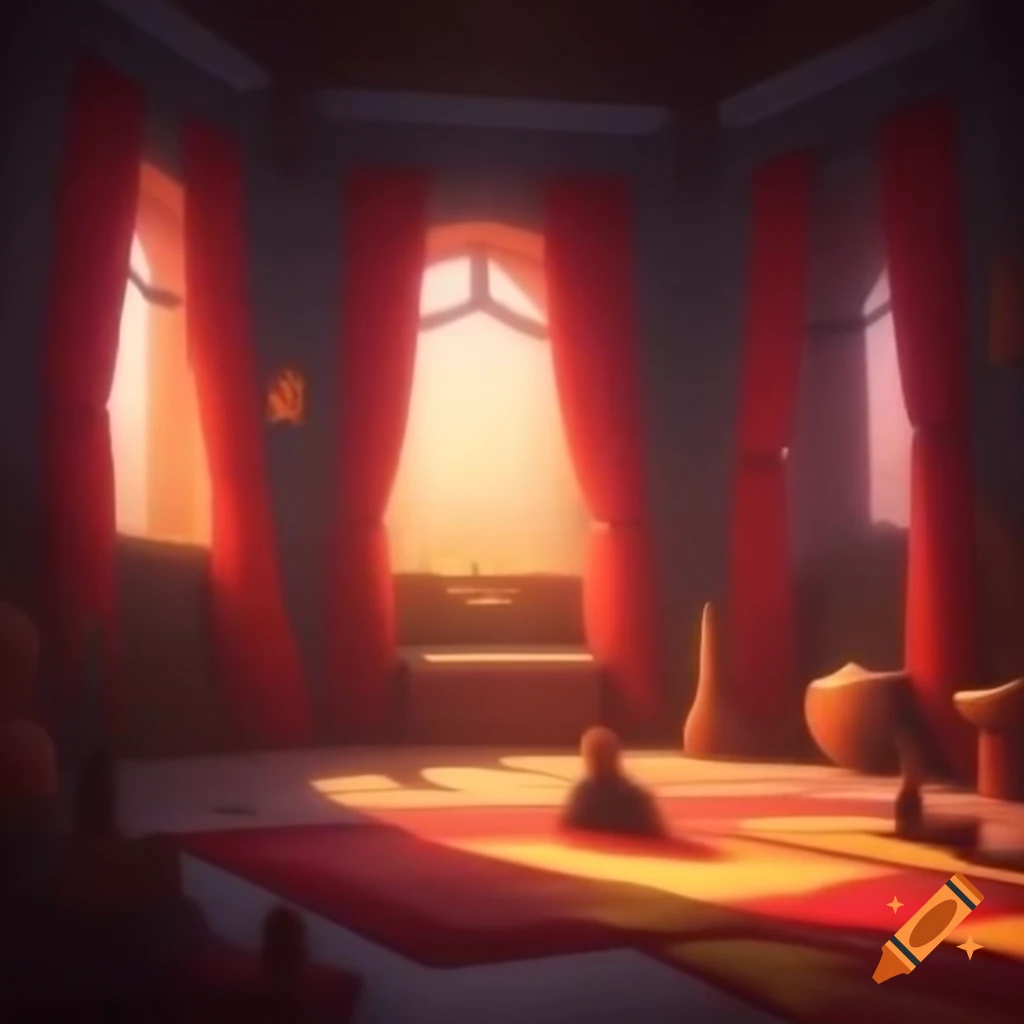 Mystic meditation room with red and yellow curtains in mixed media style