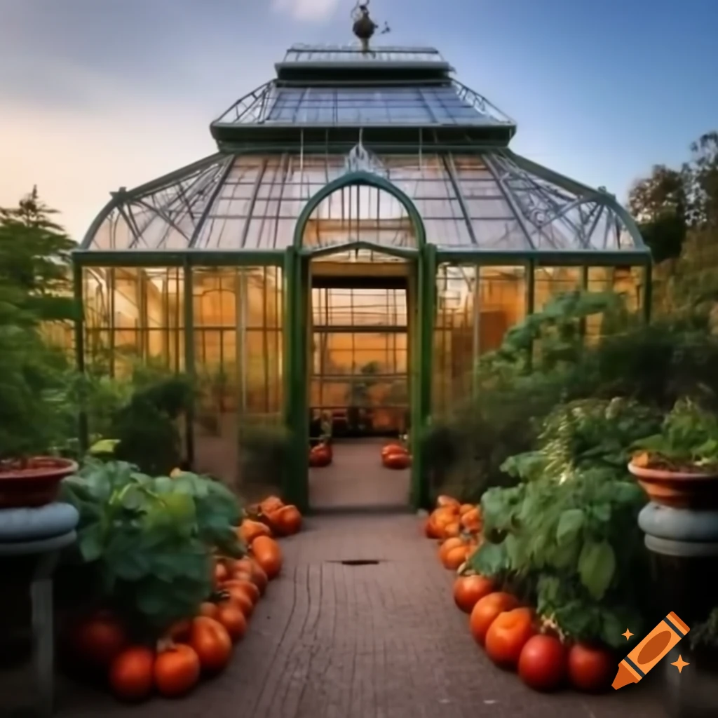 Victorian greenhouse with glass roof showcasing tomato and butternut pumpkin plants