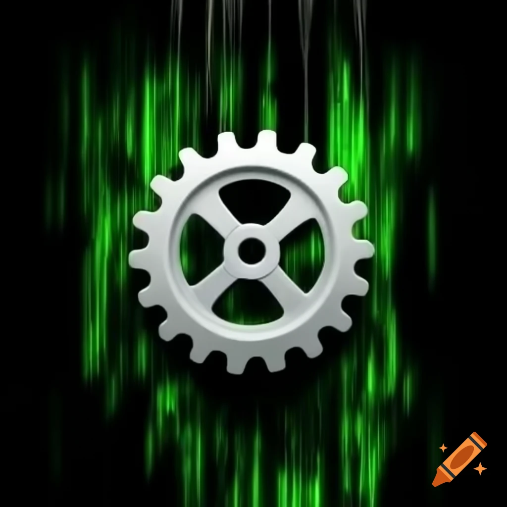 White cog on black background corrupted by green binary code
