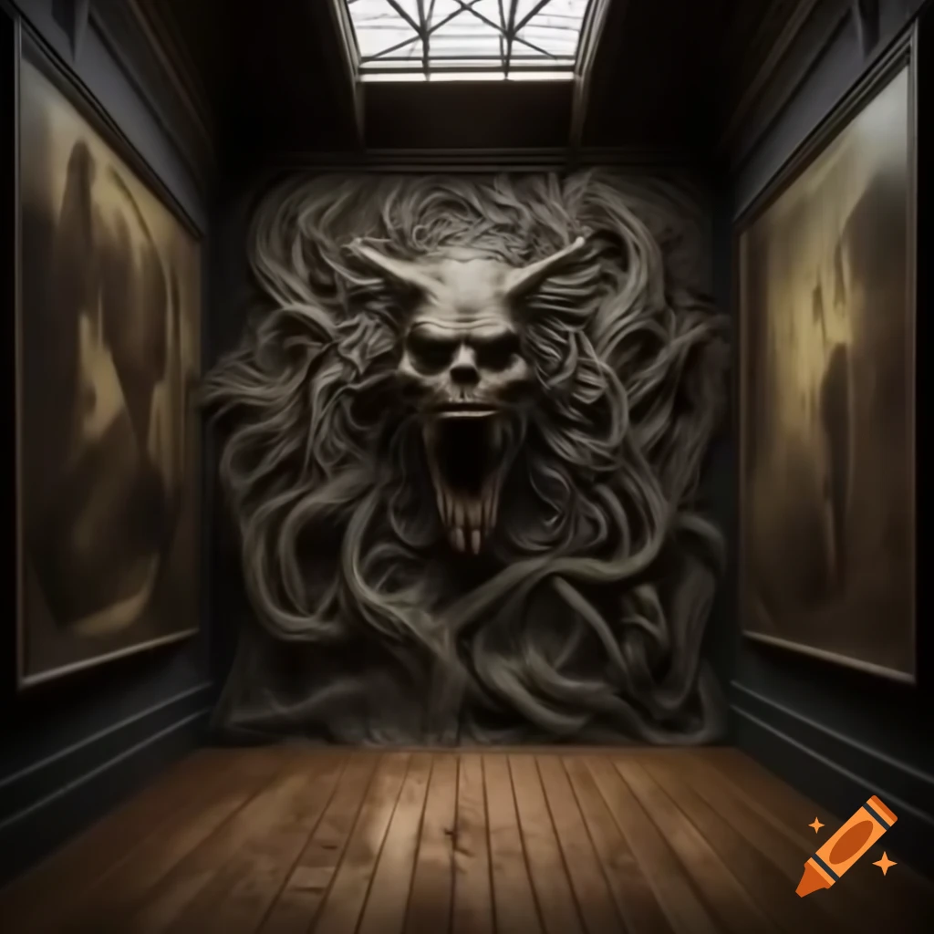 Realistic scary house interior with large room featuring demonic drawings on walls