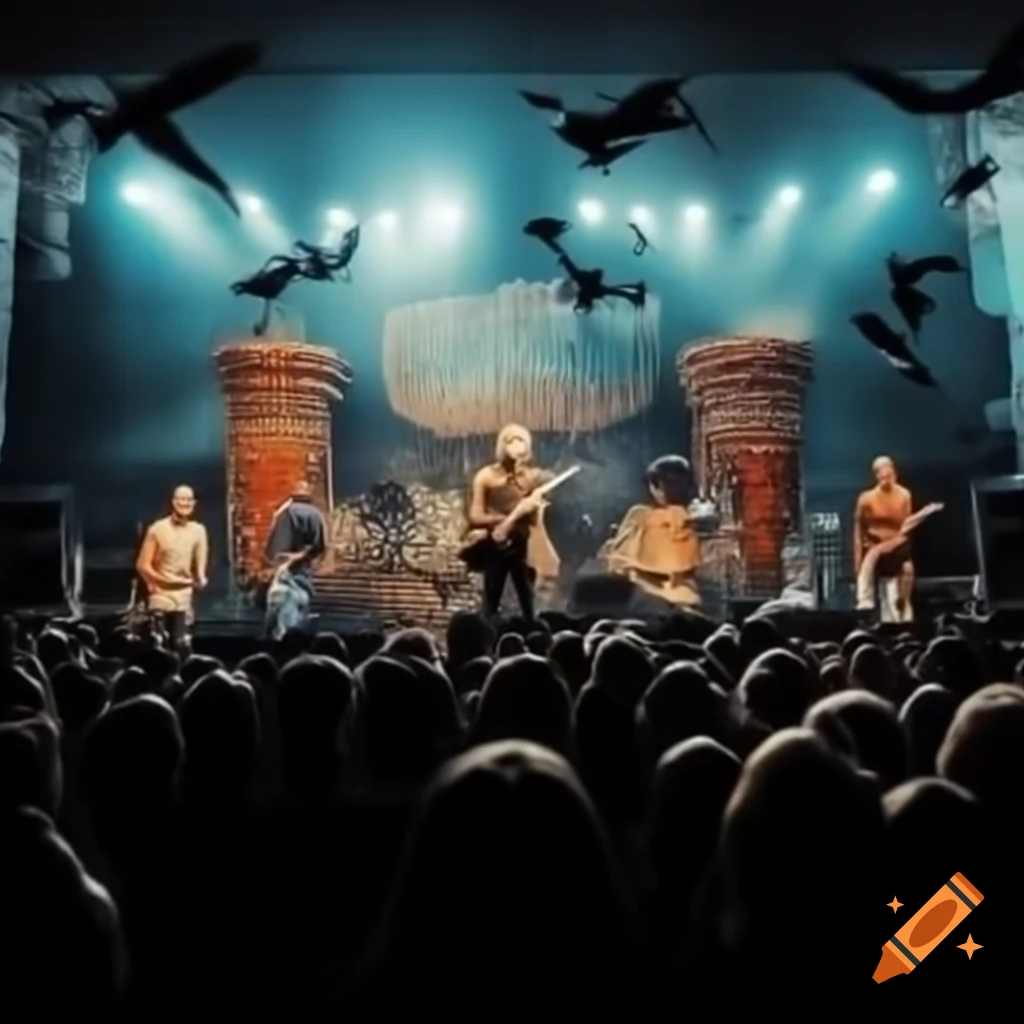 Punk rock band performing on stage with crowd and tiki birds