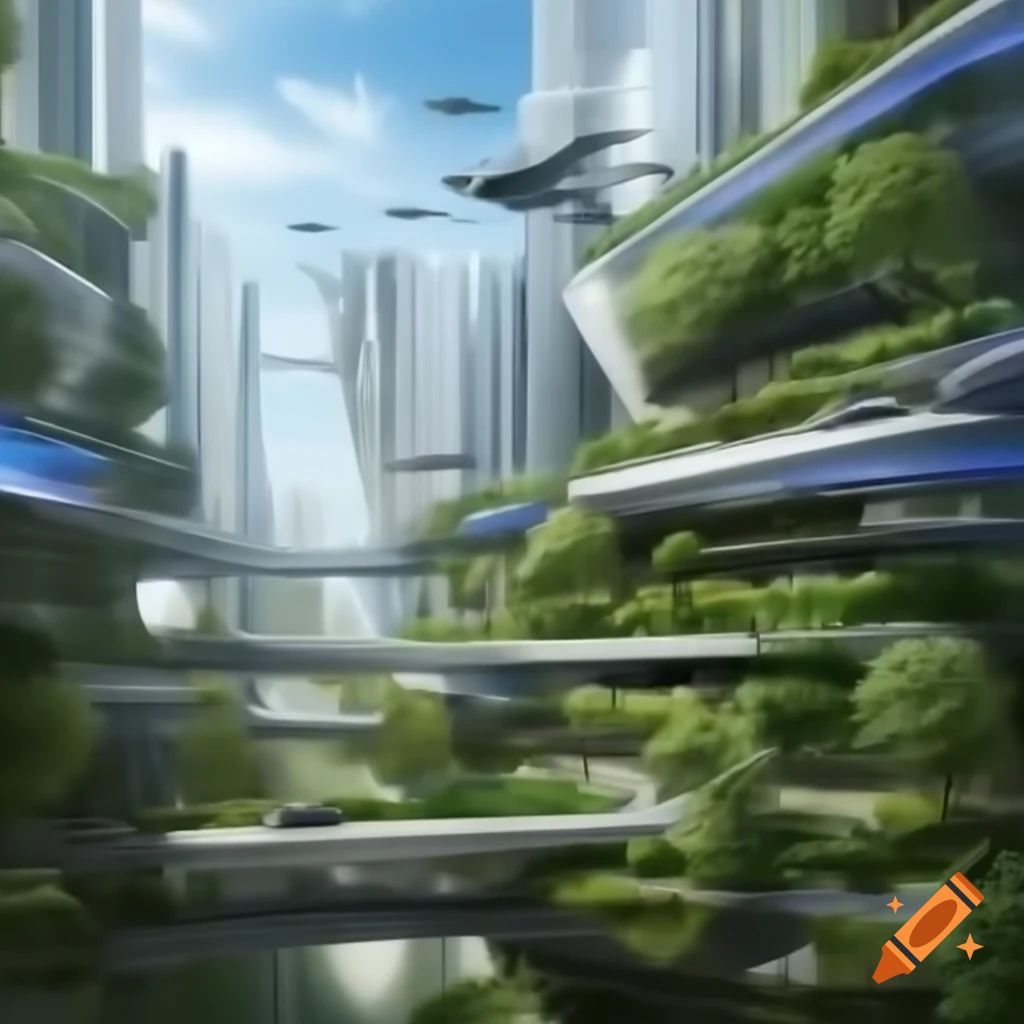 Futuristic city with greenery, flying cars, and solar panels