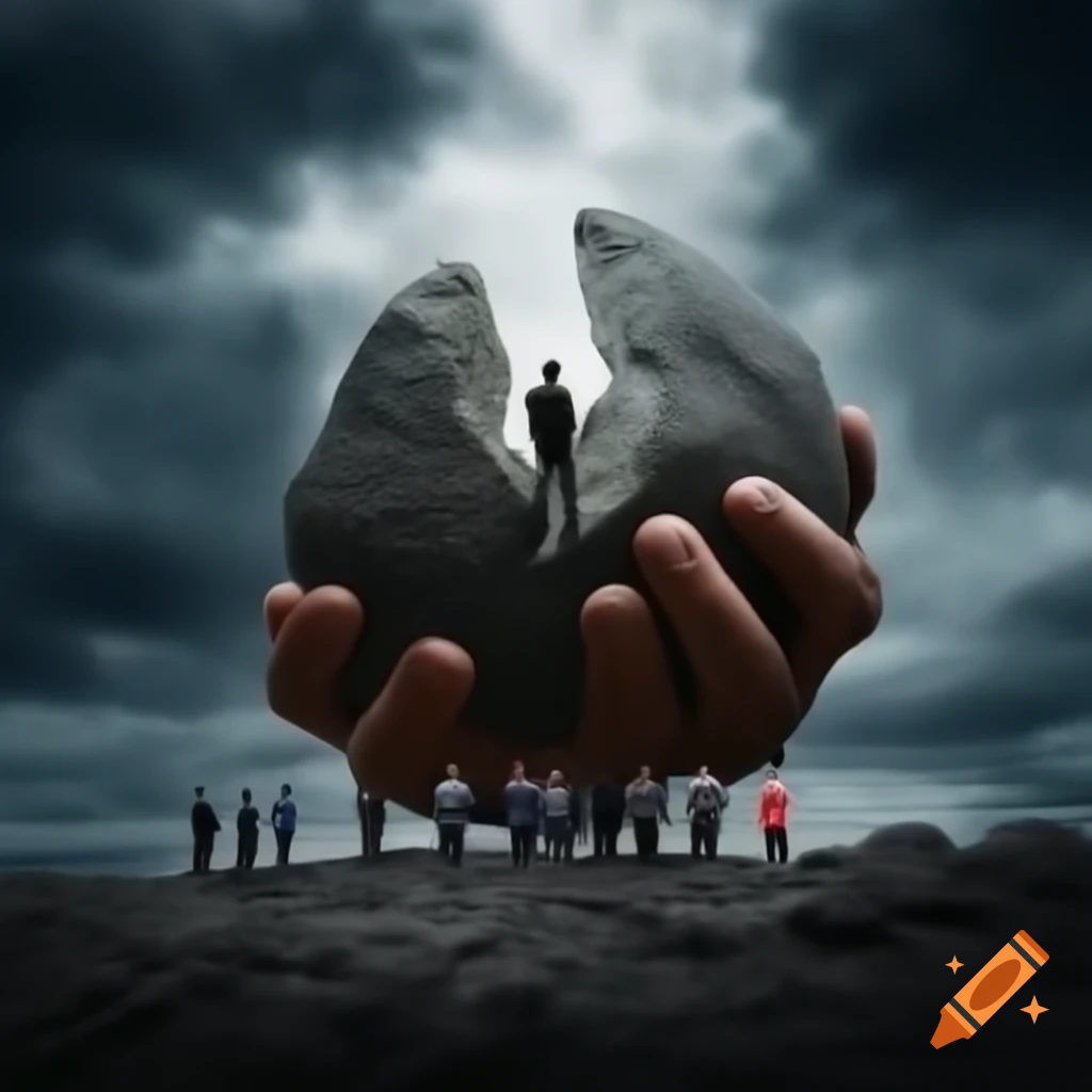 Group of people gathered around large rock