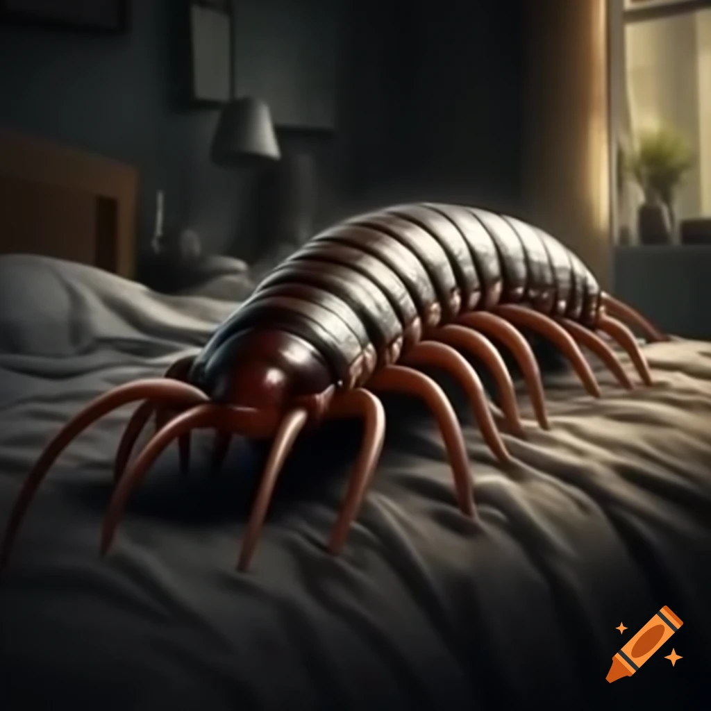 Scary centipede in a bedroom setting