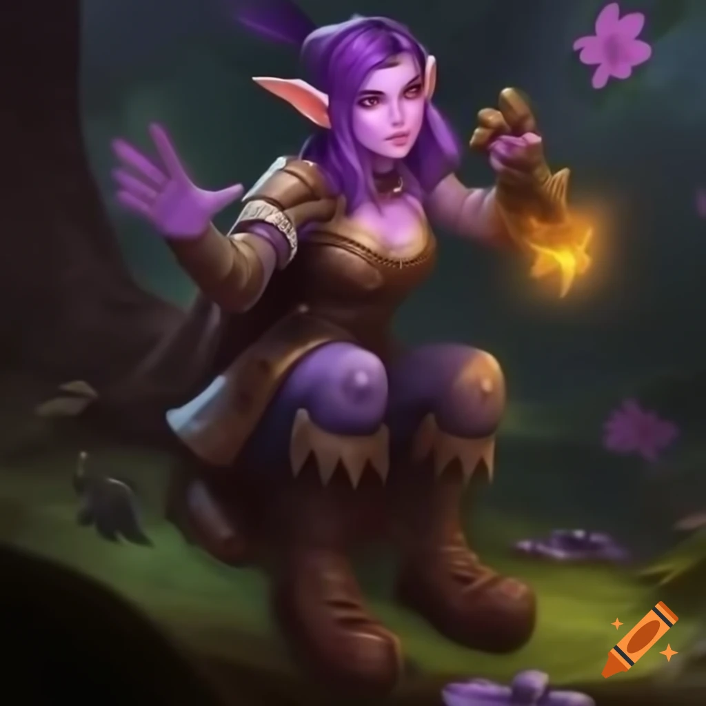 Female dwarf druid character with purple hair and nature accessories
