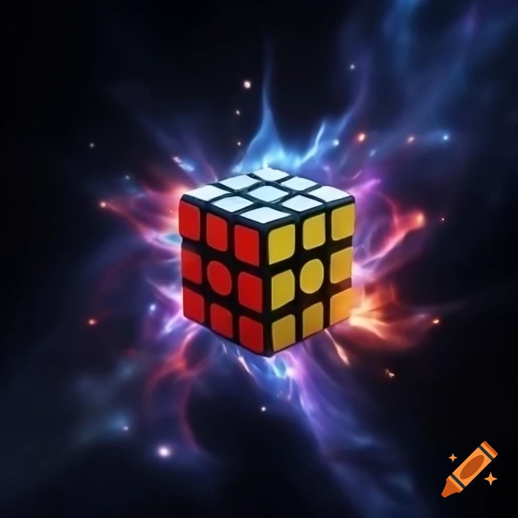 Vibrant Rubik's Cube bursting from galaxy with colorful squares against black space