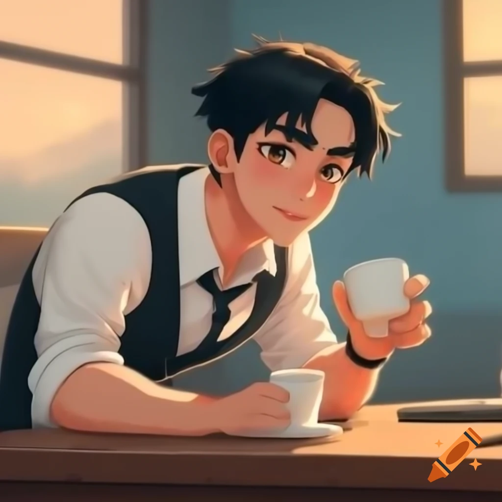Anime style young professor enjoying coffee at desk