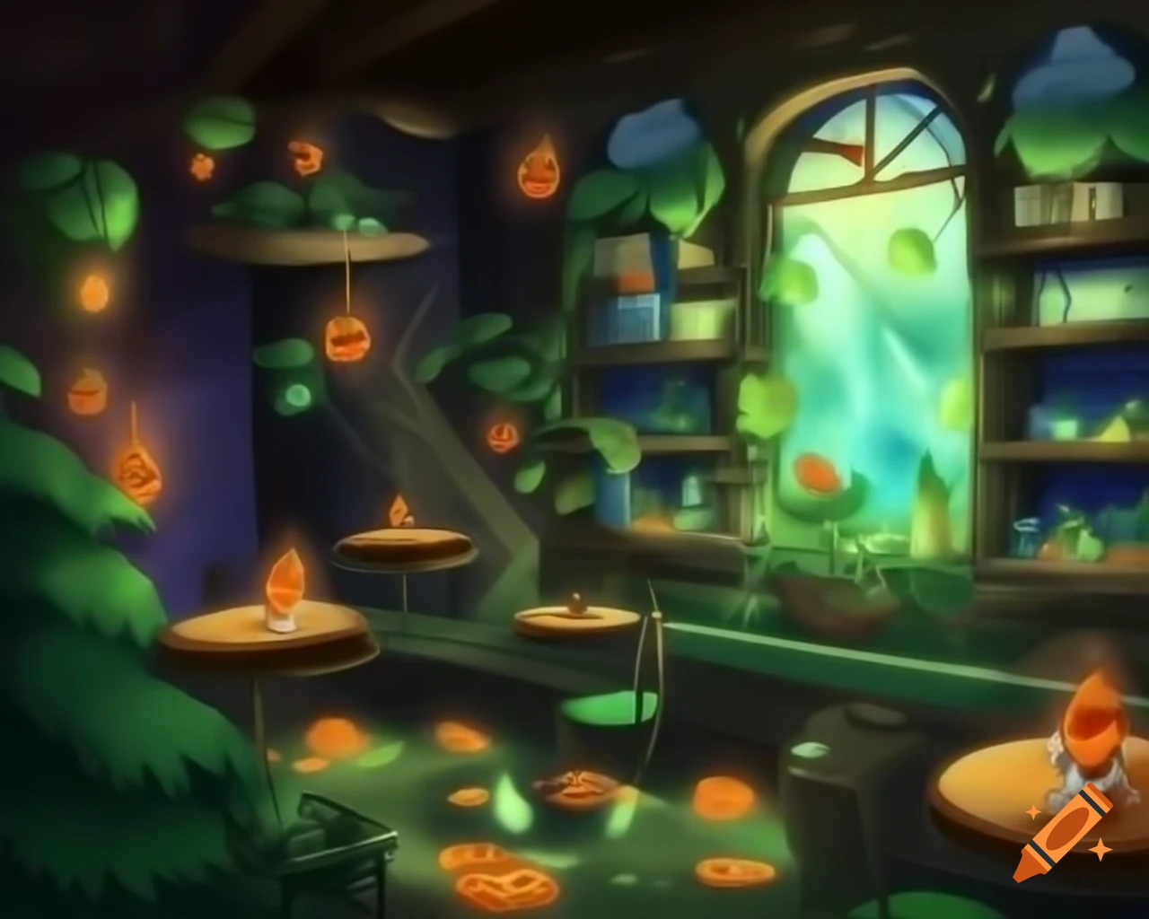 Magical wizard's leafy cafe with dramatic anime lighting and mystical plants