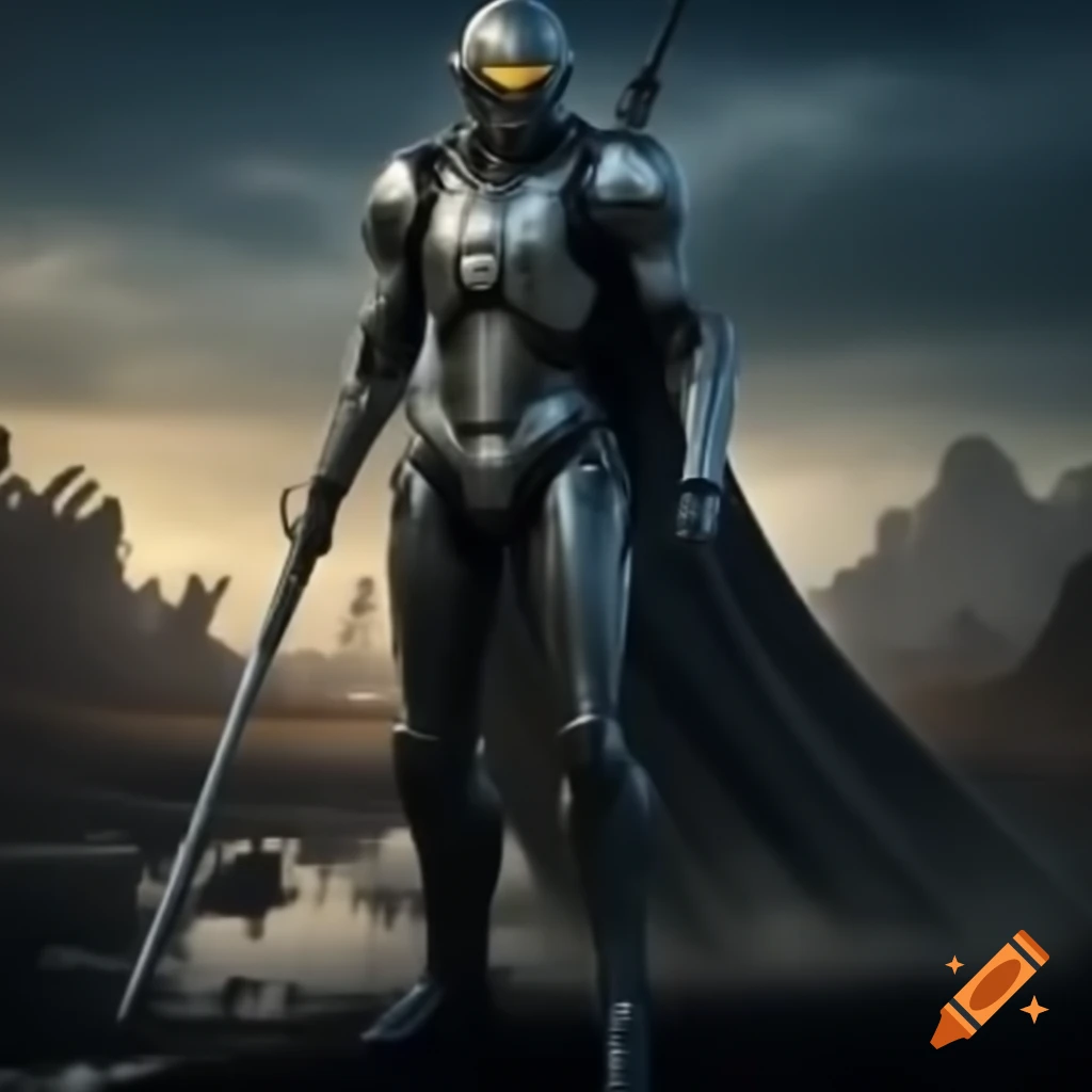 Slender futuristic knight standing in a wasteland