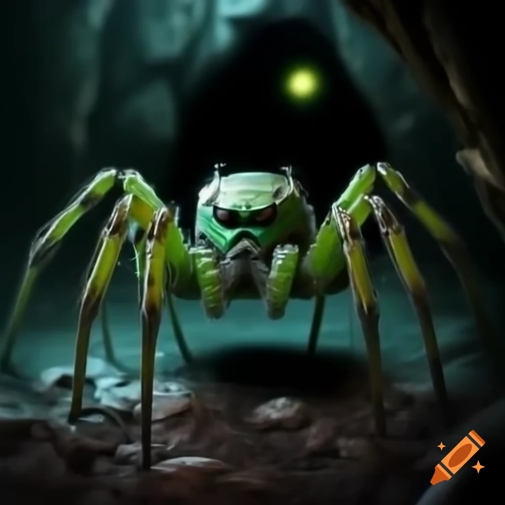 Green spider in a dark cave with a menacing appearance