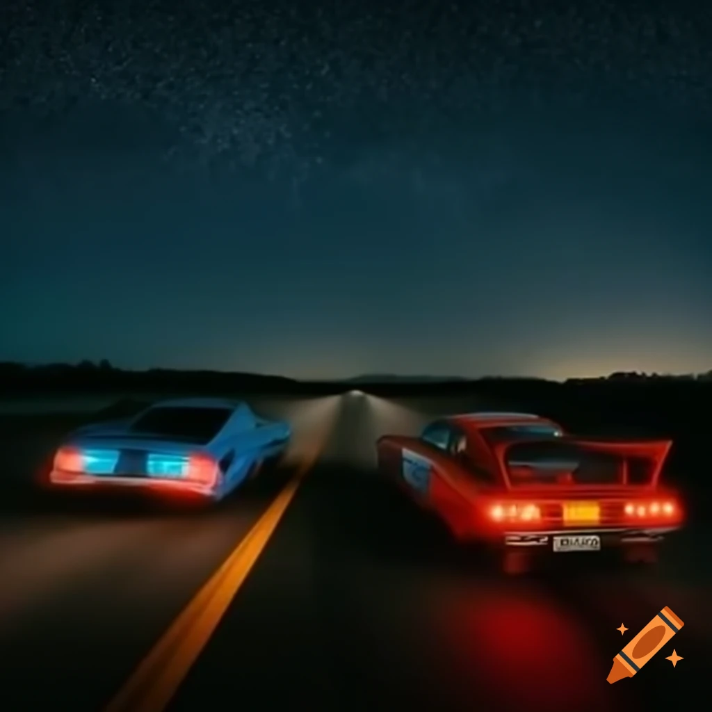 High-end cars racing on highway at nighttime with starry sky