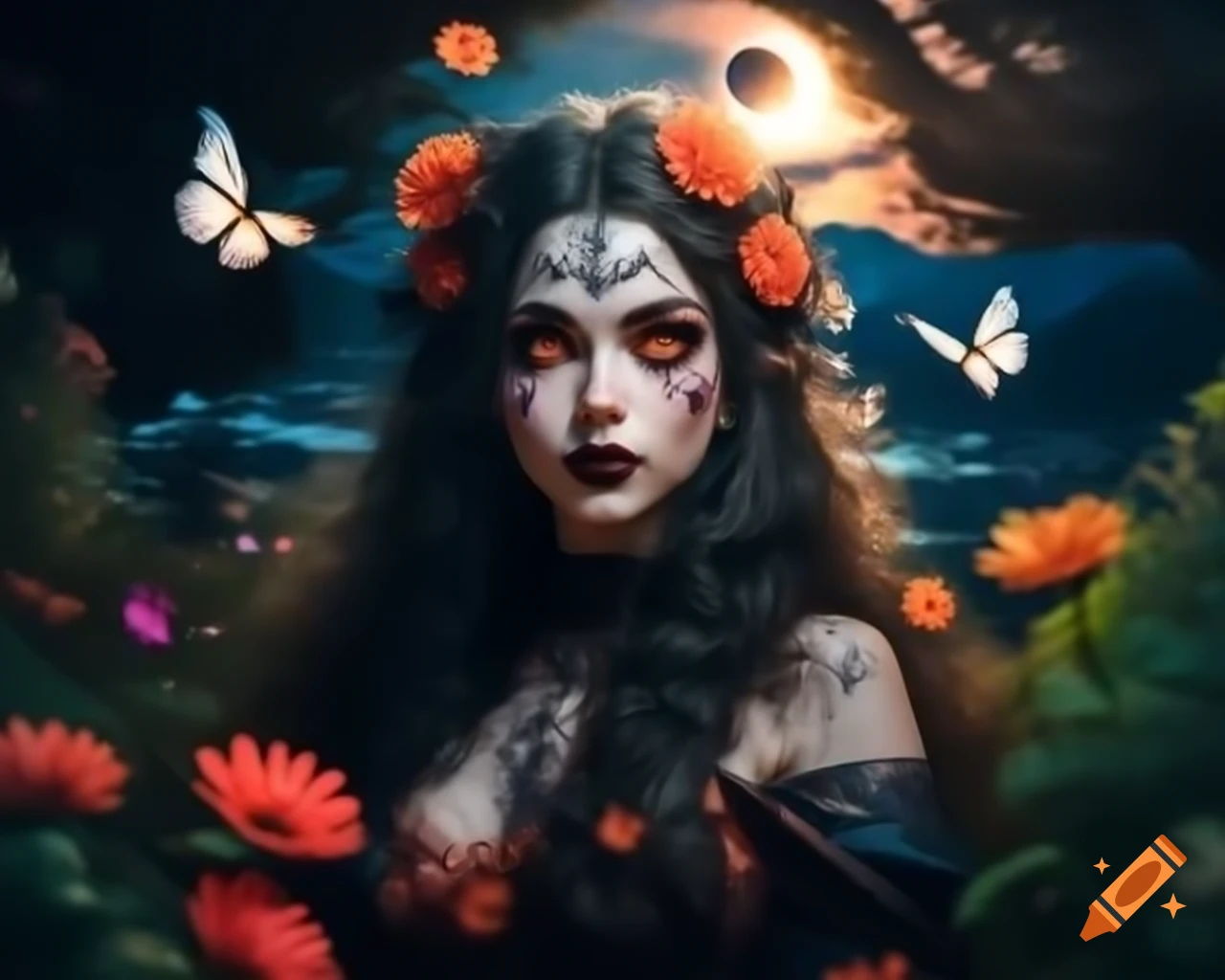 Hyperrealistic Gothic woman with flowers and butterflies in her hair