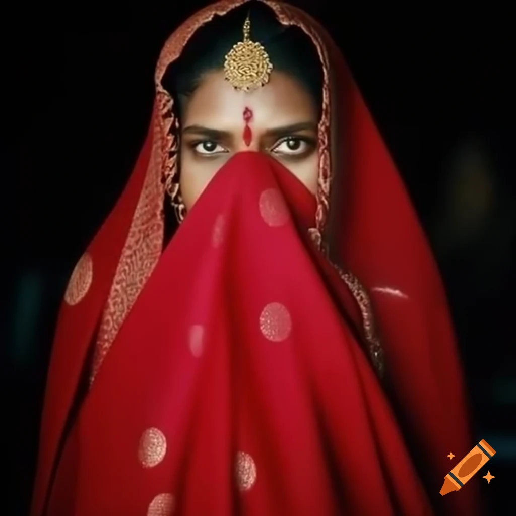 Oscar statuette dressed in vibrant Indian wedding sari with ghunghat covering half face