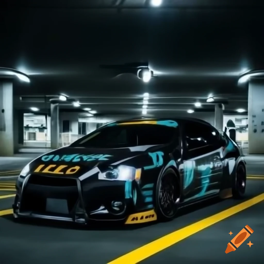 Customized black Mitsubishi Eclipse 2012 with graffiti decals in underground parking lot